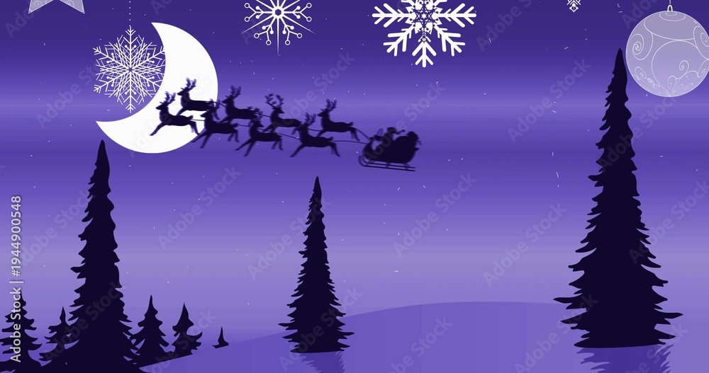 Naklejka premium Silhouetted Santa in suit flying sleigh over snowy hills at night, with eight reindeer and bauble