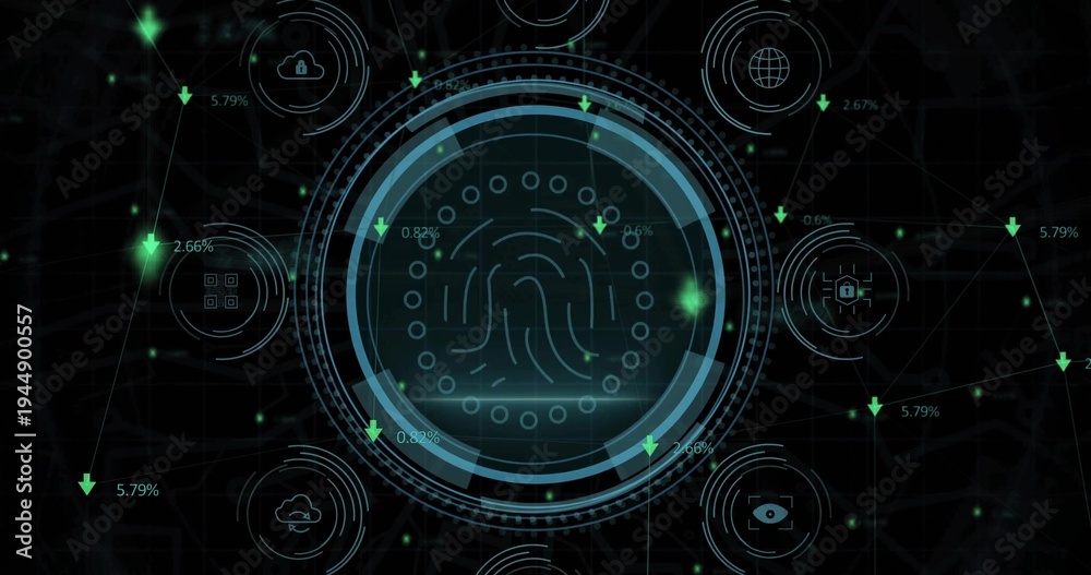 Naklejka premium Showing central fingerprint scanner on interface, rings, icons, nodes, green arrows, percent labels