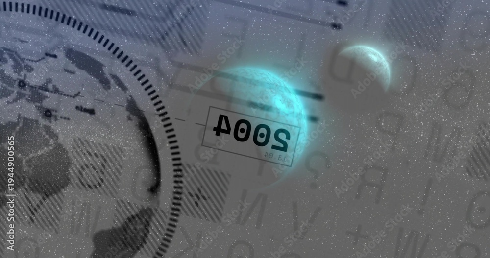 Obraz premium Glowing cyan planet occupying right side, showing crescent, globe gauge, mirrored 2004, copy space