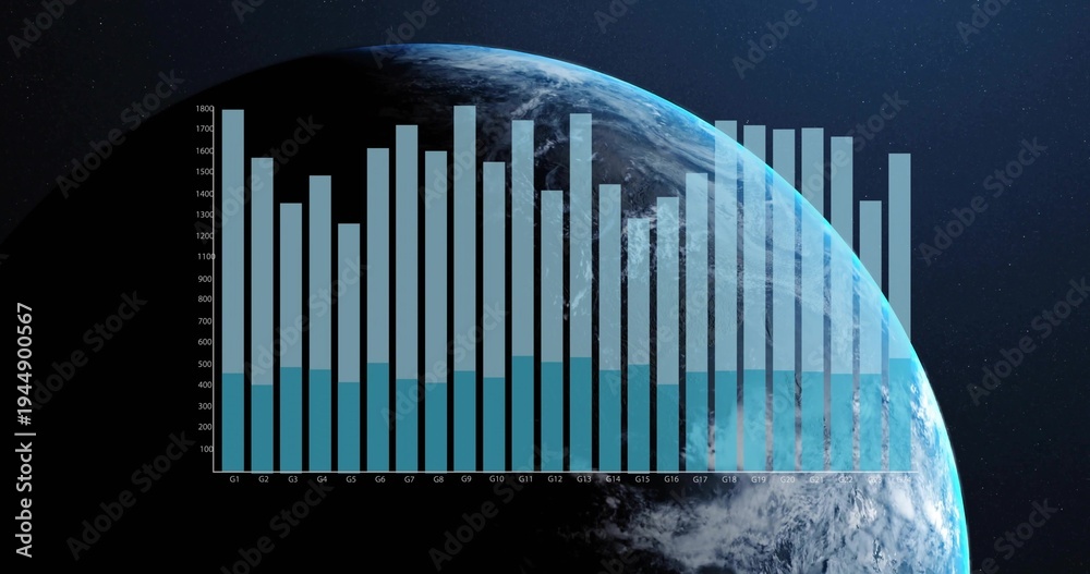 Obraz premium Displaying translucent bar chart overlaying planet horizon in space, showing y-axis and G1-G30