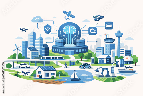 Futuristic smart city vector illustration featuring artificial intelligence central brain, interconnected urban infrastructure, renewable energy, autonomous vehicles, drones, and IoT technology.