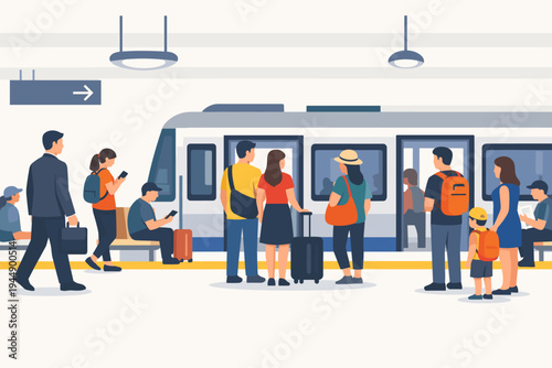 Flat vector illustration of a busy subway station platform with diverse people waiting for or boarding a modern train. Commuters, travelers with luggage, and families in a public transport hub.