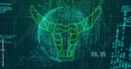 Displaying glowing wireframe bull head centered over dotted globe in virtual HUD, streaming code