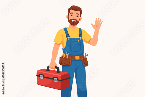 Friendly Repairman in Blue Overalls and Yellow Shirt Holding a Red Toolbox and Waving, Professional Handyman with Tool Belt for Home Maintenance and Repair Service, Flat Vector Illustration