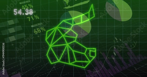 Displaying neon green wireframe bull on trading dashboard, showing pie charts, percents, trend line