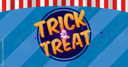 Displaying central circular badge showing TRICK OR TREAT text and ghost on blue striped banner