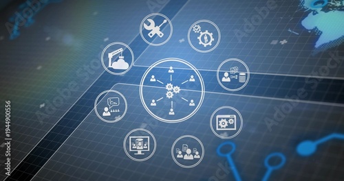 Displaying central network hub showing radial nodes on dashboard, with cloud factory and tools