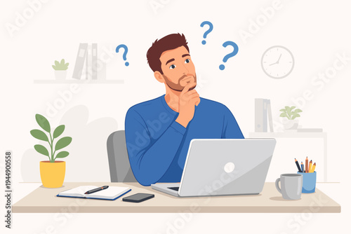 Thoughtful man sitting at a desk with a laptop, looking up with question marks, contemplating a problem or decision in a modern workspace, simple flat vector illustration of a confused worker.