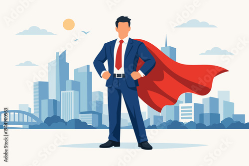 Vector Illustration of a Confident Businessman in a Blue Suit and Red Tie Wearing a Superhero Cape Standing in a Heroic Pose Against a Modern City Skyline Background with Skyscrapers and Sun.