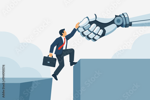 Artificial intelligence helping businessman climb cliff, robotic hand assisting professional worker, human and robot collaboration concept, future of work technology, flat vector illustration