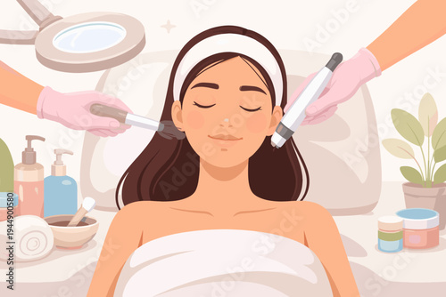 Vector illustration of a woman receiving professional facial skin care and aesthetic treatment at a spa or dermatology clinic. Hands in gloves using tools for skin rejuvenation and wellness.