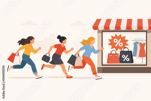 Group of Excited Women Shoppers in a Hurry Running Towards a Retail Store with Big Sale and Discount Signs, Carrying Shopping Bags in a Flat Vector Illustration Style for Black Friday Events.