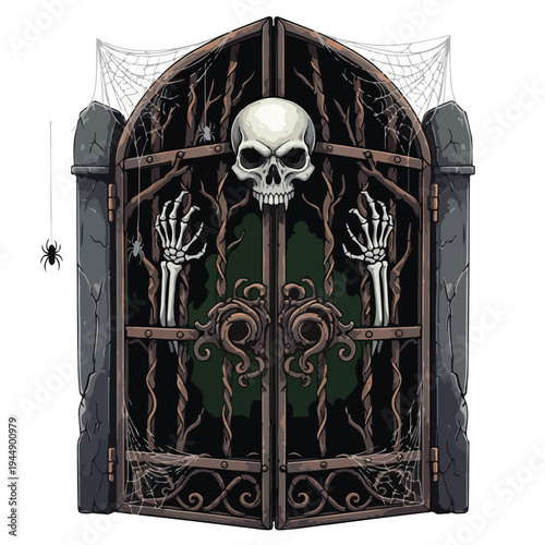 Halloween Decorative Skull Gate with Skeleton Hands.