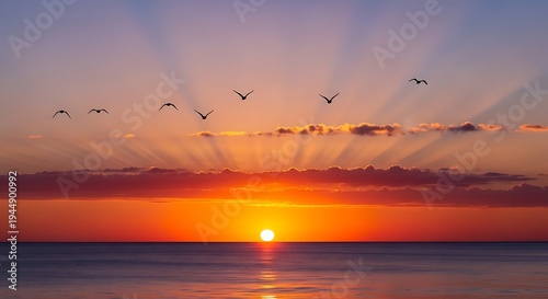 Sunset over calm ocean water horizon.