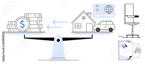 Financial planning, resource assessment, investment decisions, economic balance, personal finance, wealth management. Balance scale with money on one side, assets thumbs up house and car on the