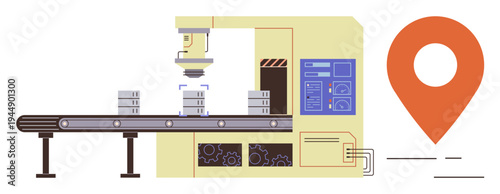 Industrial automation, manufacturing processes, logistics tracking, supply chain management, smart factories, digital transformation. Machinery on a conveyor with a geolocation icon. Industrial