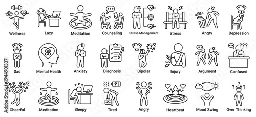 Mental Health and Wellness Icon Set. Line Style Icons Including meditation, counseling, stress, anxiety, depression, mood swing, anger, tired, sleepy, overthinking, diagnosis and psychology concepts