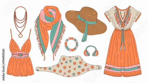 Vibrant summer clothing and accessories laid out on a white background including orange dress bikini hat and jewelry perfect for fashion and lifestyle concepts