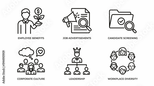 Human resources icon set for recruitment manager showing employee benefits, job ads, candidate screening, leadership and diversity, concept for talent management, hiring and office culture