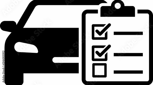 Black car silhouette with clipboard and checkmarks representing automotive inspection and maintenance services, concept for vehicle diagnostics, car rental check and safety assessment