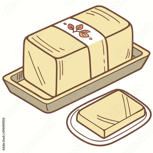 Block of butter on a plate and in a butter dish wrapped