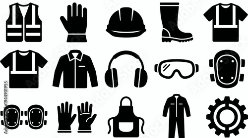 Set of industrial personal protective equipment icons featuring helmet vest goggles and boots, concept for occupational safety standards, construction site safety and workplace protection