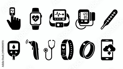 Set of black medical device icons featuring smartwatch finger pulse oximeter blood pressure monitor and thermometer, concept for health app development, digital healthcare and personal wellness