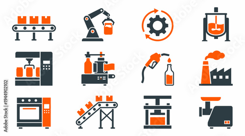 Industrial manufacturing icons set featuring conveyor belts, robotic arms and factory machinery in flat orange style, concept for automation technology, engineering and production management