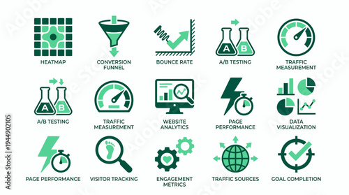 Set of green web analytics and digital marketing icons including conversion funnel heatmap and traffic measurement, concept for website optimization, data analysis and marketing performance