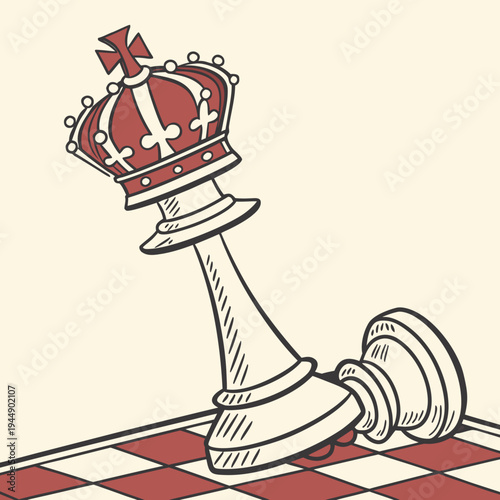 Fallen chess king with red crown on checkered board