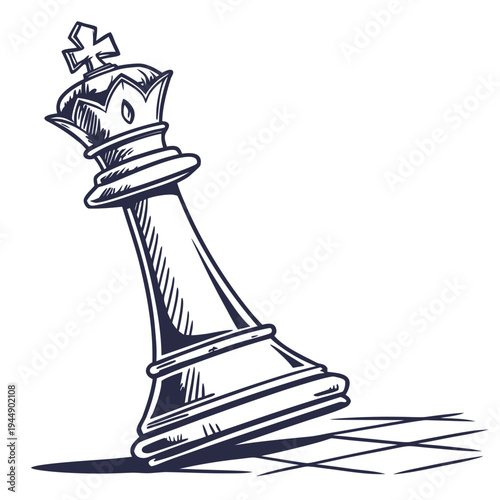 Leaning chess king piece on white background with shadow falling