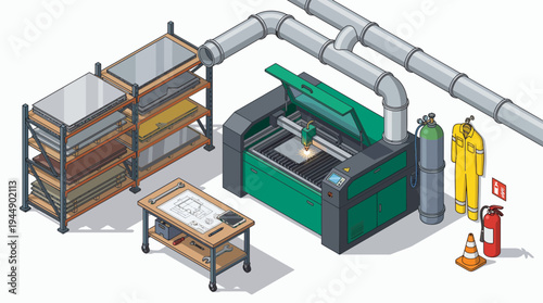 Isometric industrial workshop with green CNC laser cutting machine, metal sheet storage racks and workbench with blueprints, concept for automated manufacturing, fabrication and engineering