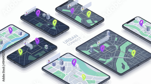 Isometric smartphones and tablets displaying urban city maps with colorful GPS navigation pins and location routes, concept for logistics tracking, smart city technology and mobile app development