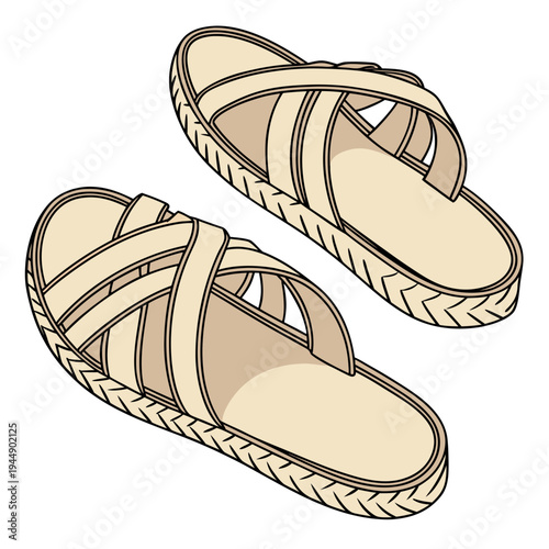 Pair of beige sandals with braided soles on white background footwear summer shoes