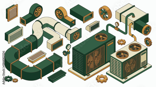 Isometric industrial HVAC cooling system components including air conditioning units ventilation ducts pipes and fans, concept for mechanical engineering, industrial maintenance and construction