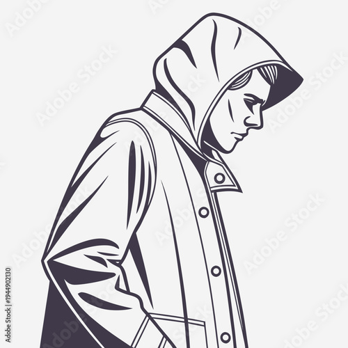 Black and white of a person wearing a hoodie and jacket