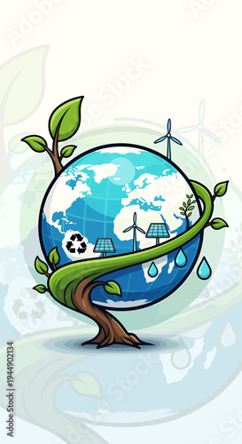 Earth wrapped in green leafy branch.