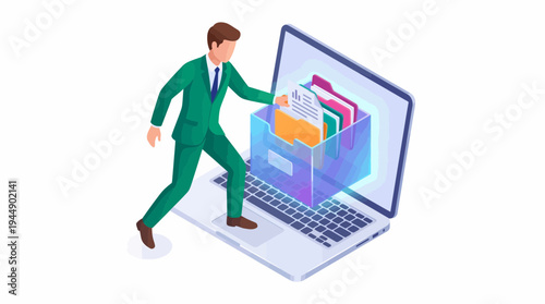 Isometric illustration of a professional office manager in a green suit organizing digital folders from a laptop, concept for data management, digital archiving and cloud storage solutions