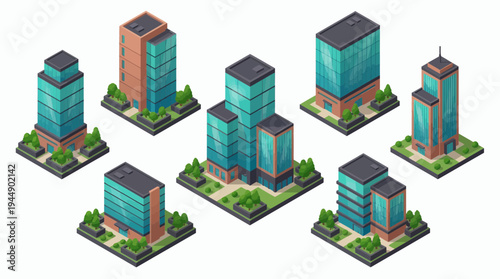 Set of modern 3D isometric office buildings and skyscrapers with teal glass and green trees, concept for real estate development, urban city planning and architectural business design