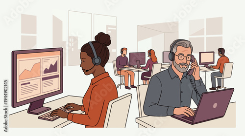 Diverse call center agents and technical support specialists working in a busy modern office with headsets and computers, concept for customer service, telemarketing and corporate communication