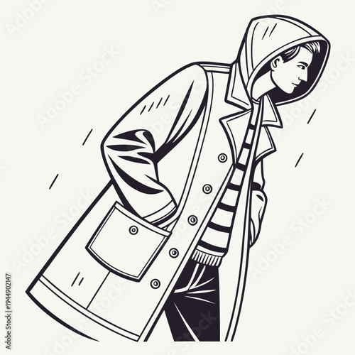 Black and white of a person wearing a hoodie and jacket in the rain