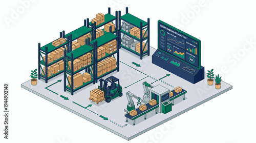 Isometric smart warehouse with automated robotic arms, conveyor belts and large analytics dashboard, concept for industrial automation, supply chain optimization and logistics management