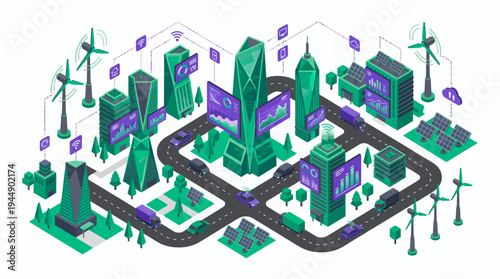 isometric smart city with futuristic green skyscrapers, wind turbines, solar panels and connected electric vehicles, concept for sustainable urban development, iot infrastructure and energy management
