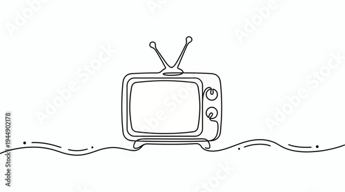 Continuous one line drawing of a retro vintage television set with antenna and knobs on a white background, concept for nostalgic broadcasting, media entertainment and classic retro design