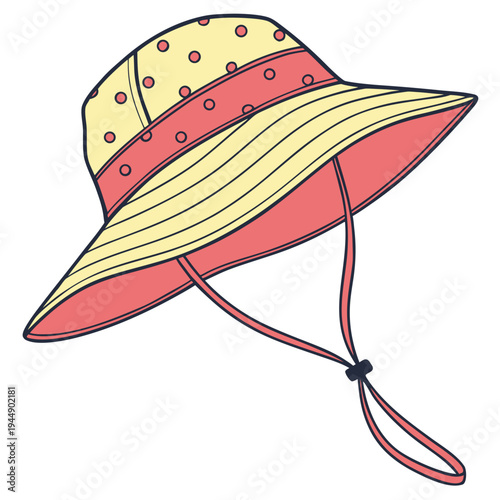 Yellow and pink sun hat with red polka dots and chin strap yellow hat pink hat