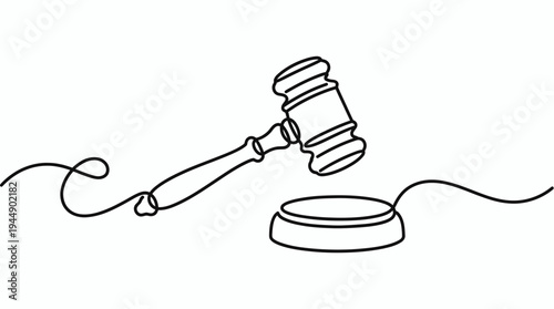 Minimalist continuous one line drawing of a wooden judge gavel and sound block on white background, concept for legal services, auction house bidding and judicial justice system