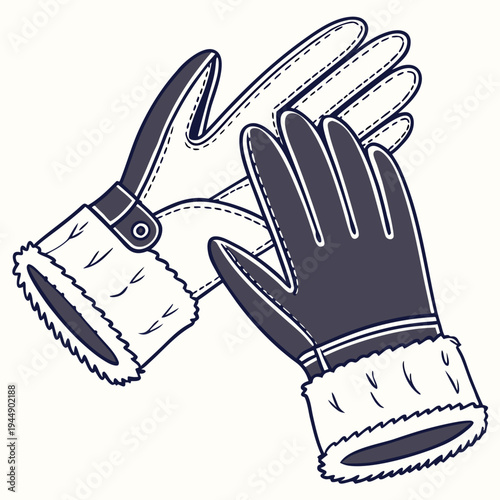 Pair of winter gloves with fur cuffs and buckle mittens