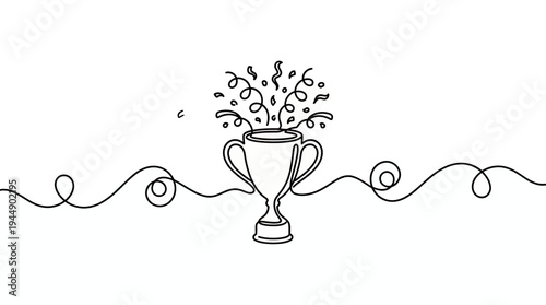 Continuous one line drawing of a winner trophy cup with confetti explosion on white background, concept for business achievement celebration, sports competition victory and employee recognition award