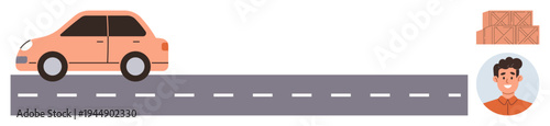 Logistics, delivery services, road transport, supply chain, travel, shipping. Car on a road with a male portrait and stack of boxes. Logistics and delivery services concept