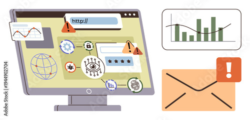 Cybersecurity, online threats, data analytics, risk management, phishing attacks, internet safety. Various warning icons on a computer screen with a chart and email. Cybersecurity and online threats